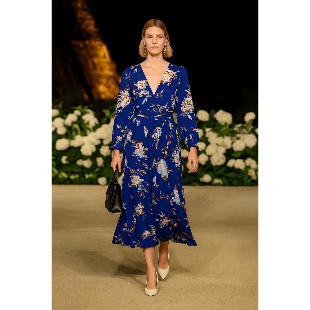 Floral Maxi‎ Dress Blue Long Sleeve V-Neck Elegant Bohemian Chiffon Dress XS